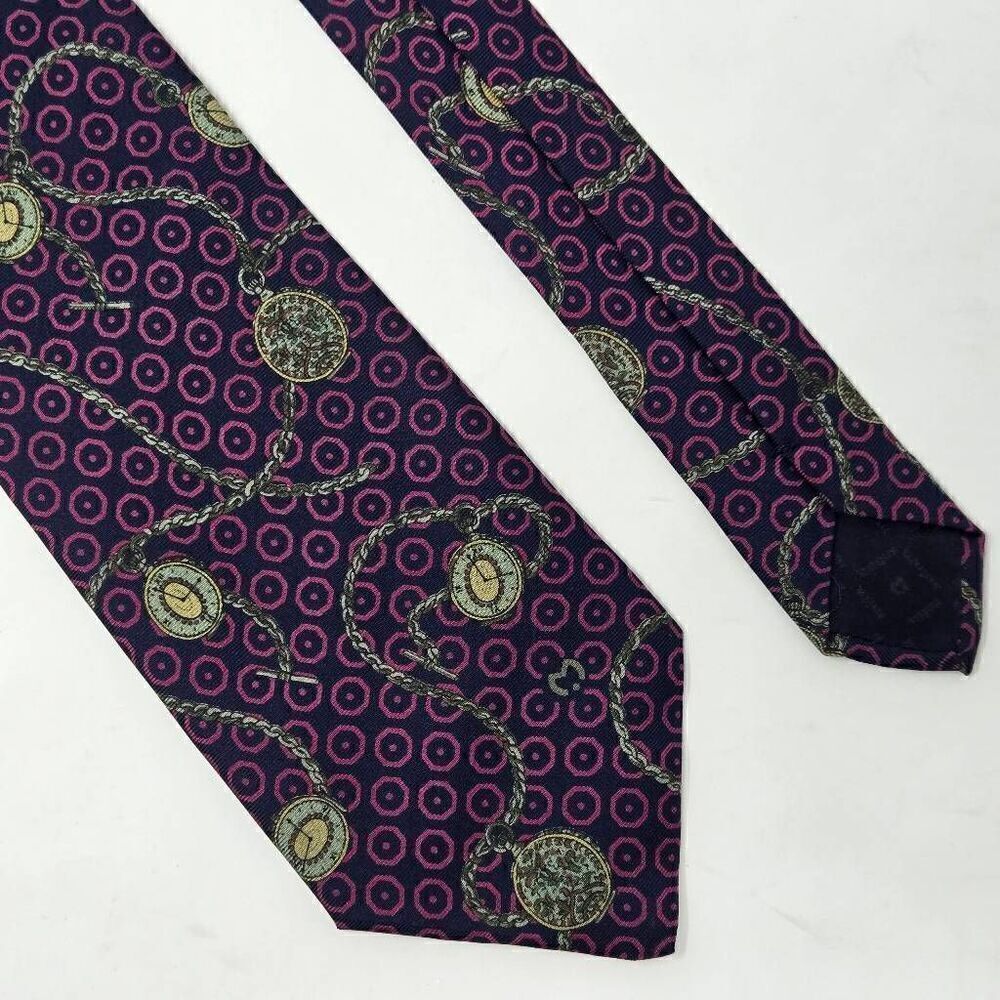 MILA SCHON ITALY SILK TIE BLUE RED CIRCLE POCKET WATCH PRINT 3.5" X 57"